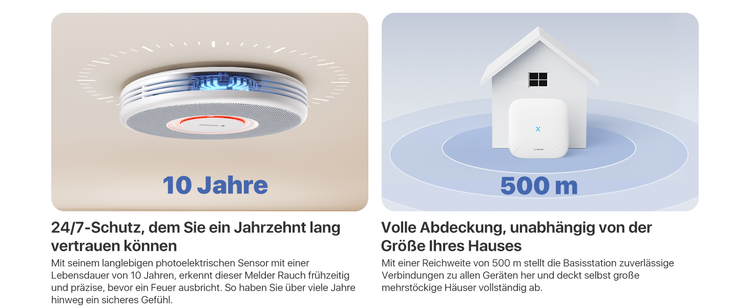 Zwölf weisse X-Sense Rauchmelder XS0B-MR121 mit der Basisstation SBS50 aus dem vernetzten Set. – Detail 7