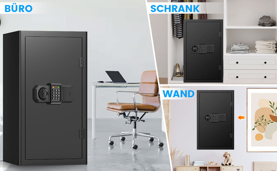 Schwarzer Tiskgg Standtresor mit 85 Liter, beleuchtete Tastatur des Zahlenschlosses und Drehknauf, geöffnete Tür mit herausnehmbarem Regal – Detail 7