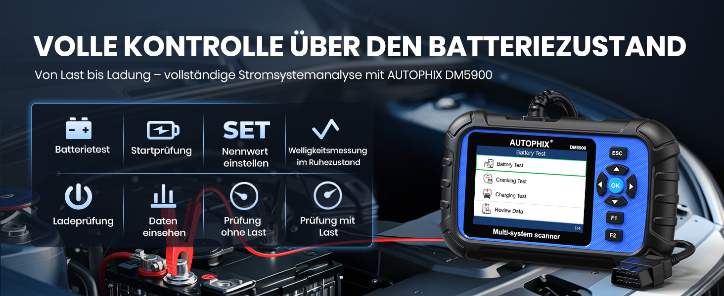 AUTOPHIX DM5900 OBD2-Diagnosegerät mit Batterietestklemmen und Farbdisplay – Detail 7