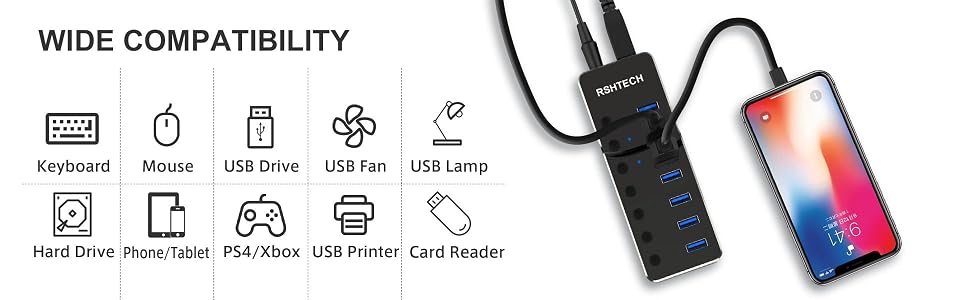 RSHTECH RSH-518 USB-3.0-Hub mit sieben Ports, Einzelschaltern und Netzteil – Detail 3