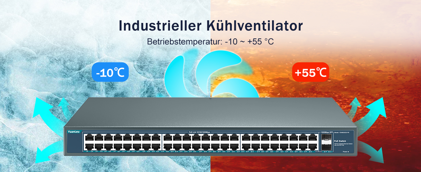 YuanLey 48-Port Gigabit-PoE-Switch mit 800 W Budget und zwei SFP-Uplinks im 19-Zoll-Metallgehäuse – Detail 4