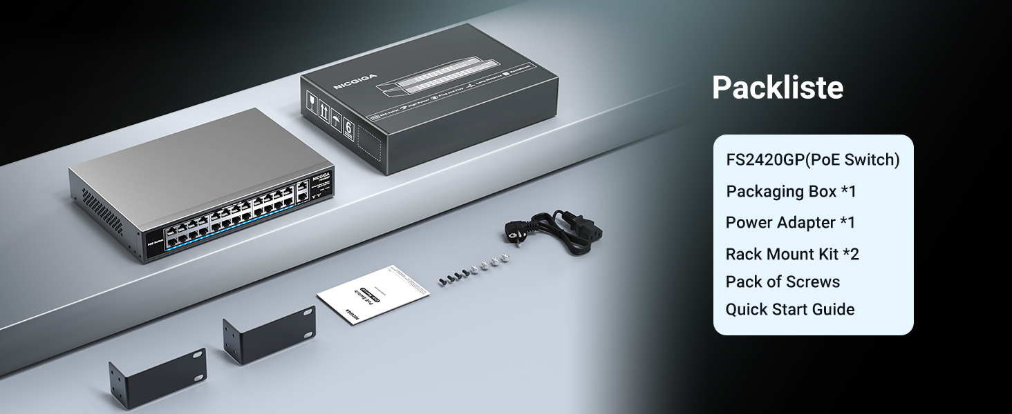 Schwarzer 19-Zoll-PoE-Switch NICGIGA FS2420GP mit 24 PoE-Ports und zwei Uplink-Ports an der Frontseite. – Detail 8