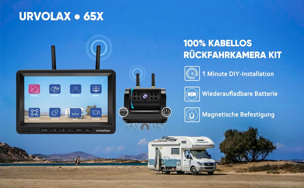 Kabellose Rückfahrkamera URVOLAX UR65X mit magnetischer Basis neben dem 7-Zoll-Monitor mit Sonnenschirm. – Detail 2