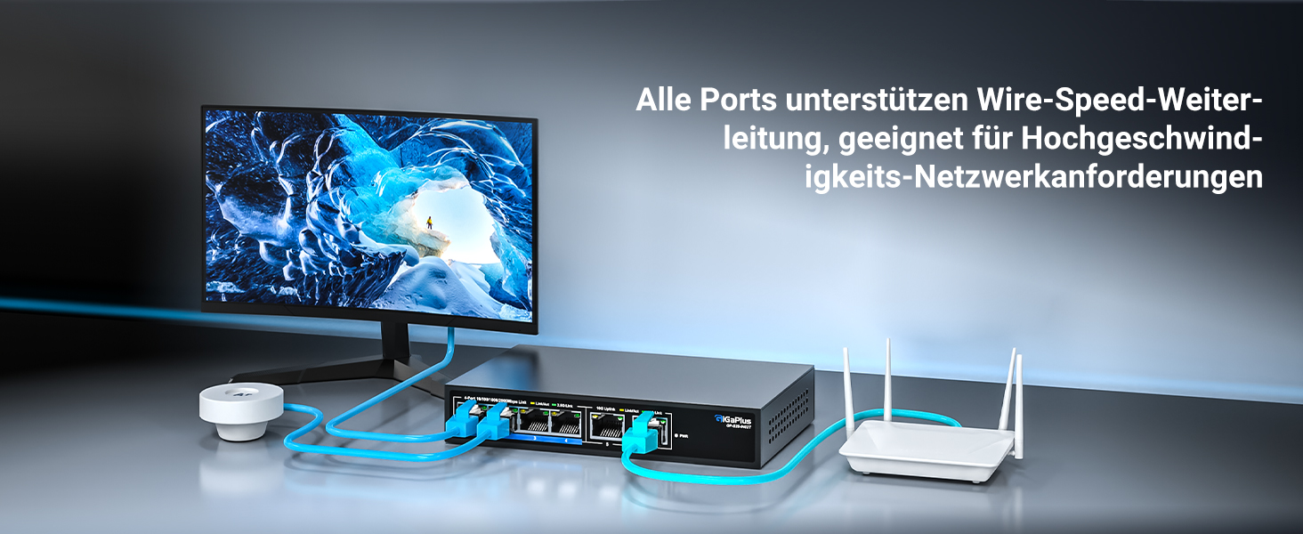 GiGaPlus S25-0402T Netzwerk-Switch im schwarzen Metallgehäuse mit vier 2.5G-Ports und zwei 10G-RJ45-Uplinks. – Detail 8