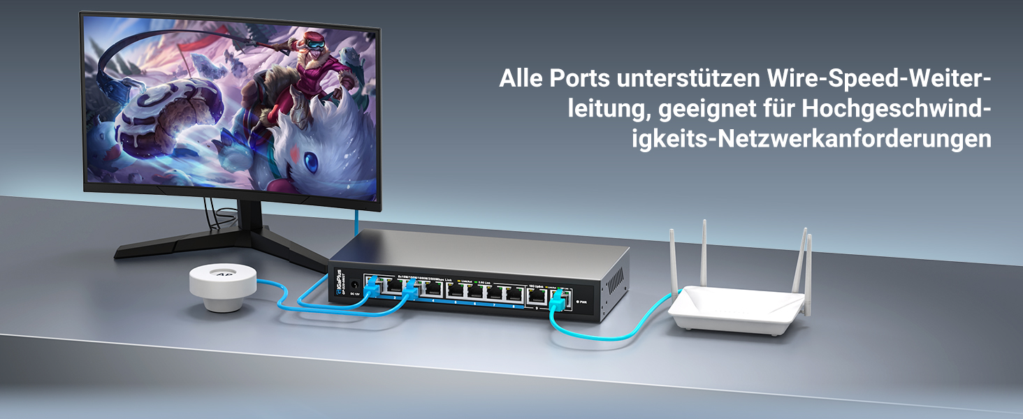GiGaPlus S25-0802T Netzwerk-Switch im schwarzen Metallgehäuse mit acht 2.5G-Ports und zwei 10G-RJ45-Uplinks. – Detail 8
