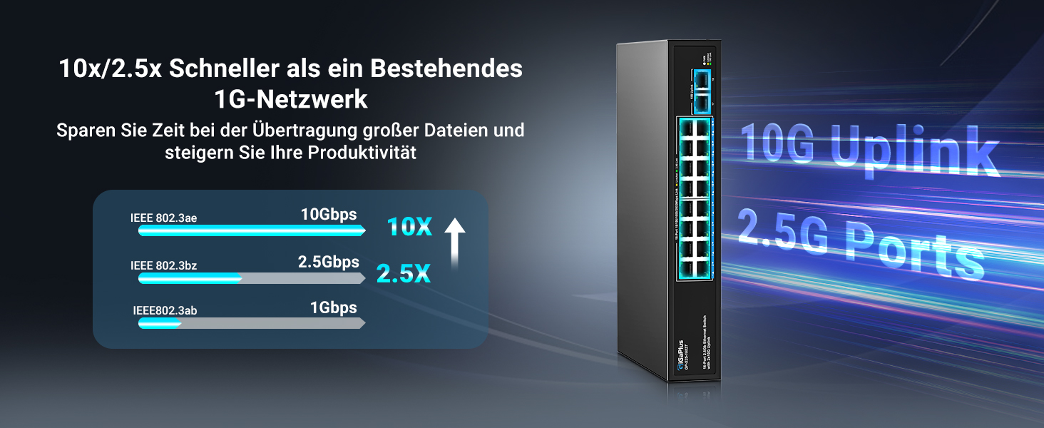 GiGaPlus S25-1602T Netzwerk-Switch im schwarzen Metallgehäuse mit sechzehn 2.5G-Ports und zwei 10G-RJ45-Uplinks. – Detail 8