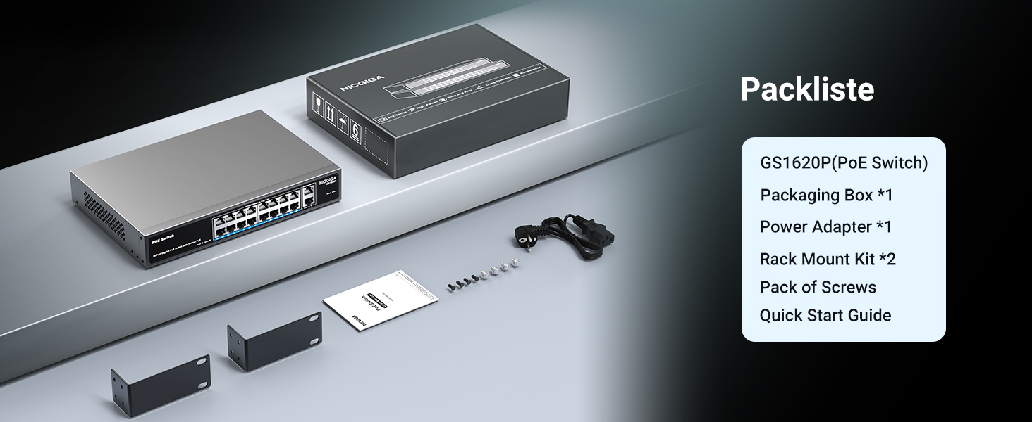 NICGIGA GS1620P PoE-Switch im 19-Zoll-Metallgehäuse mit 16 PoE-Ports und zwei Gigabit-Uplinks. – Detail 8