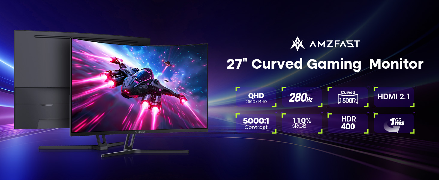 Amzfast AMZG27C1Q Pro 27-Zoll-Curved-Monitor mit 1500R Krümmung auf Metallständer – Detail 2