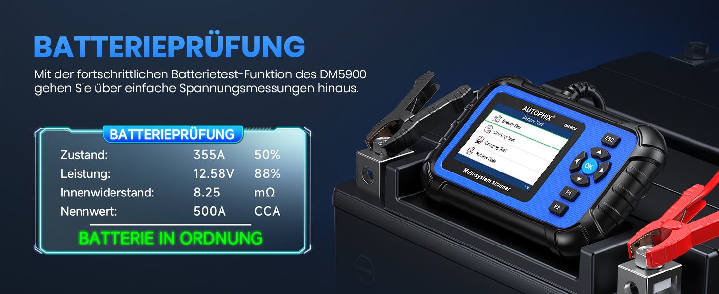 AUTOPHIX DM5900 OBD2-Diagnosegerät mit Batterietestklemmen und Farbdisplay – Detail 8