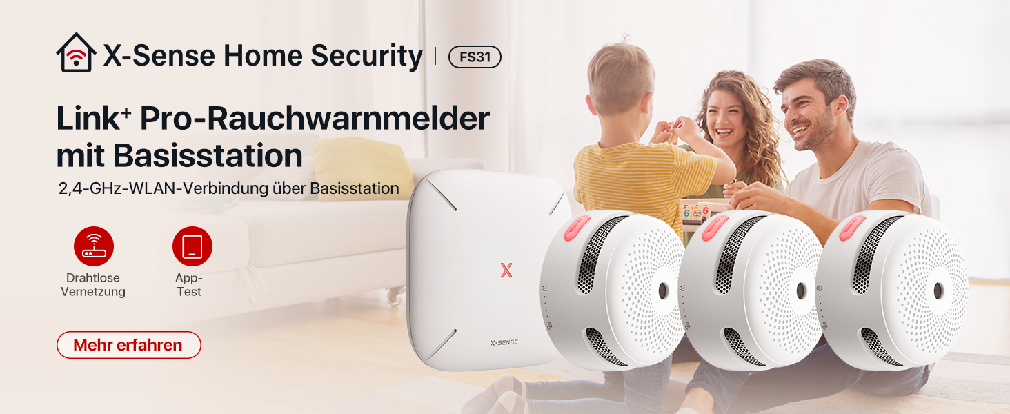 Sechs weisse X-Sense XS01-WX WLAN-Rauchmelder mit runder Testtaste in der Mitte – Detail 8