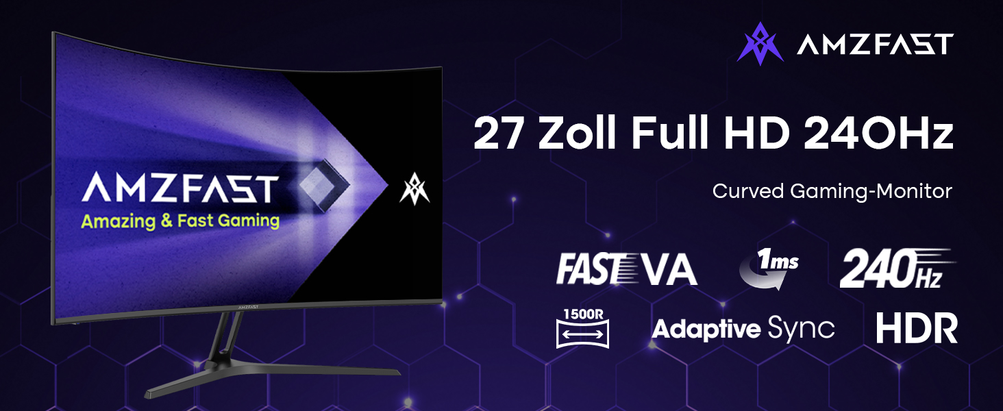Amzfast AMZG27C1 Pro, gekrümmter 27-Zoll-Bildschirm mit 240 Hz, Frontansicht auf dem Standfuss – Detail 2