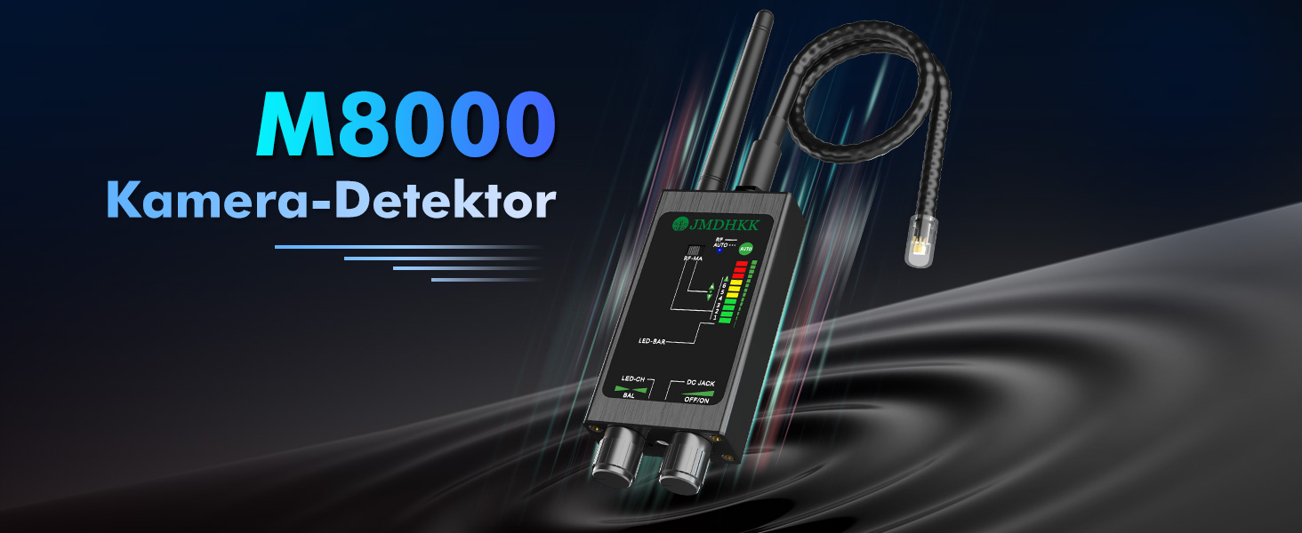 Der Detektor JMDHKK M8000 als schwarzes Handgerät mit montierter HF-Antenne. – Detail 2