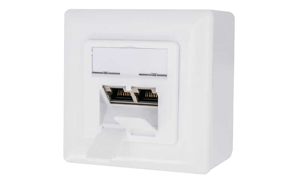 Geschirmte BIGtec Netzwerkdose CAT 6a in Signalweiss mit zwei RJ45-Buchsen, Schutzklappen und LSA-Anschluss. – Detail 1