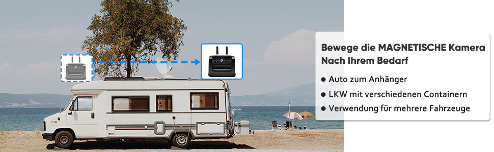 Kabellose Rückfahrkamera URVOLAX UR65X mit magnetischer Basis neben dem 7-Zoll-Monitor mit Sonnenschirm. – Detail 4