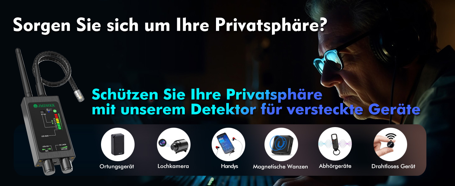 Der Detektor JMDHKK M8000 als schwarzes Handgerät mit montierter HF-Antenne. – Detail 3