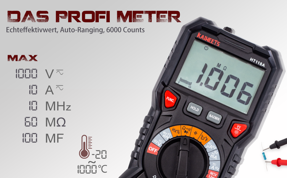 KAIWEETS HT118A Digital-Multimeter mit Messleitungen und beleuchteten Messbuchsen – Detail 2
