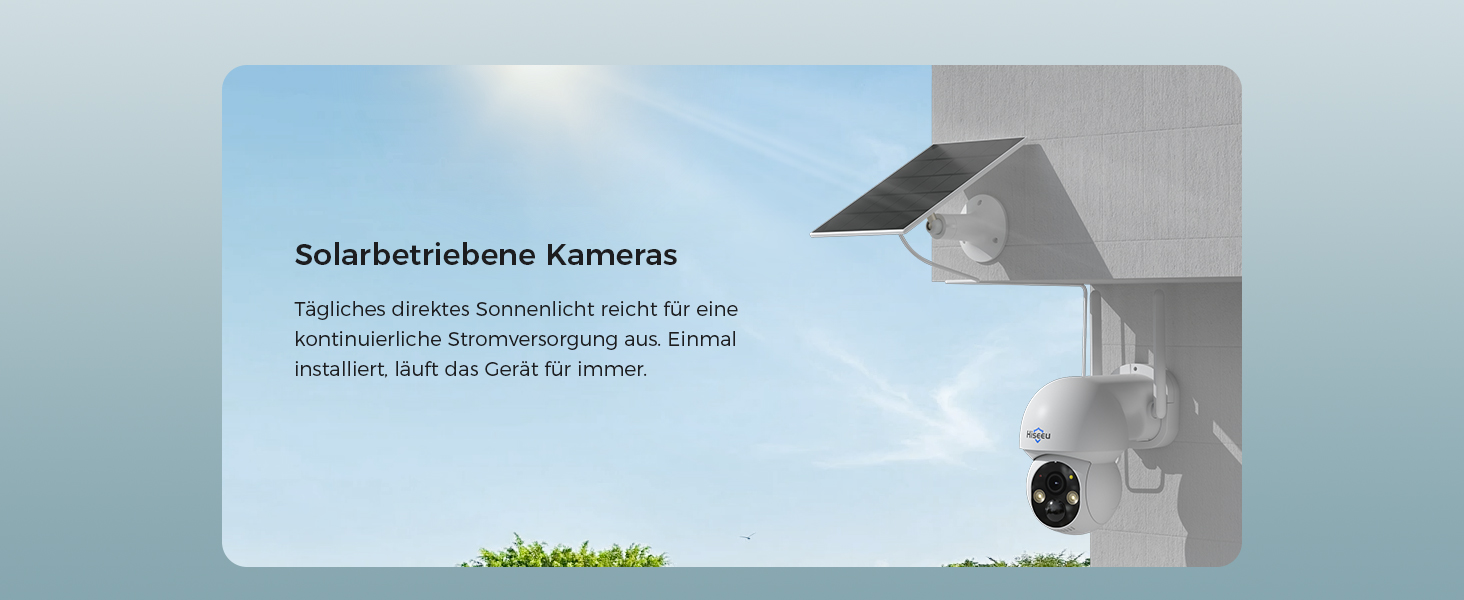 Hiseeu Solar-Kameraset: vier weisse Schwenkkameras mit aufgesetztem Solarpanel und der Funk-Rekorder mit Festplatte. – Detail 10