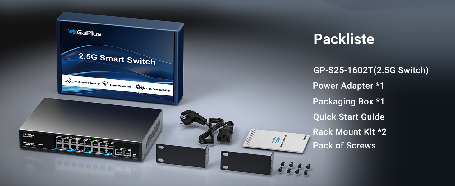 GiGaPlus S25-1602T Netzwerk-Switch im schwarzen Metallgehäuse mit sechzehn 2.5G-Ports und zwei 10G-RJ45-Uplinks. – Detail 10