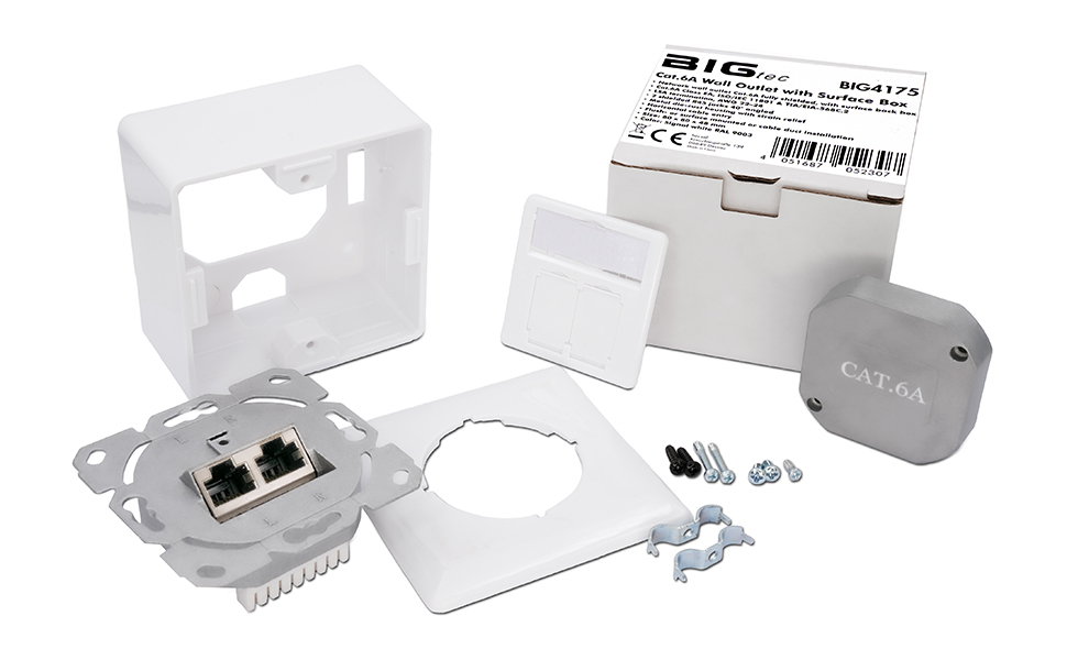 Geschirmte BIGtec Netzwerkdose CAT 6a in Signalweiss mit zwei RJ45-Buchsen, Schutzklappen und LSA-Anschluss. – Detail 2