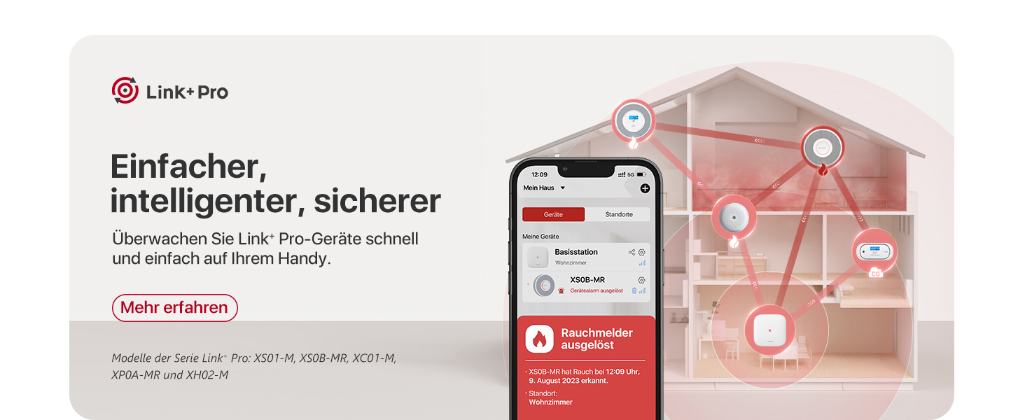 Zwölf weisse X-Sense Rauchmelder XS0B-MR121 mit der Basisstation SBS50 aus dem vernetzten Set. – Detail 10