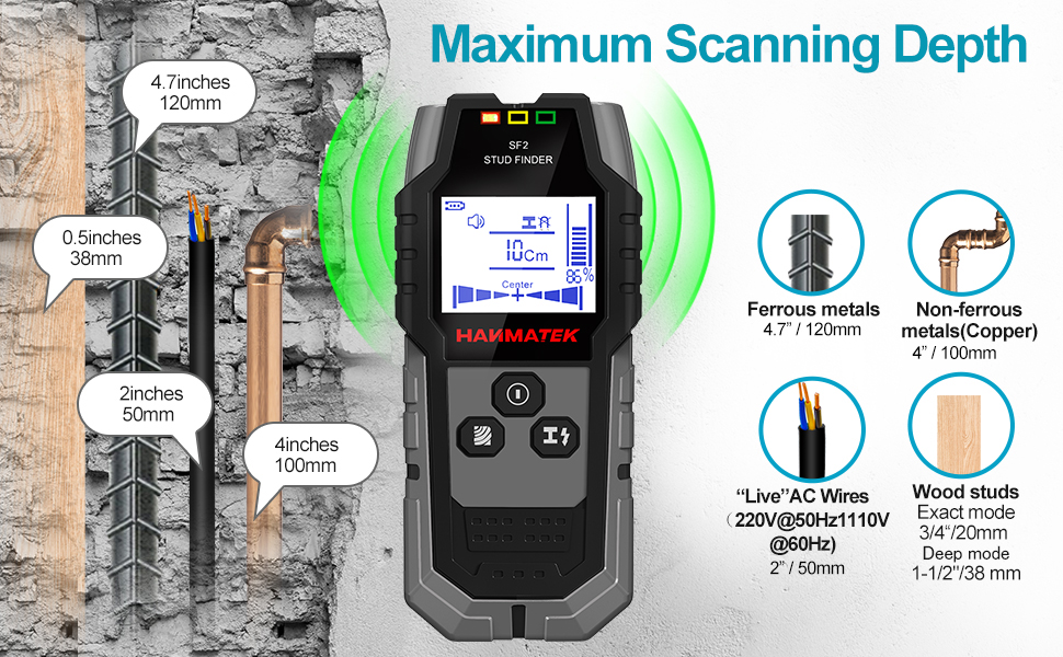 HANMATEK SF2 Wandscanner in Grau mit beleuchtetem LCD beim Orten einer Leitung – Detail 2