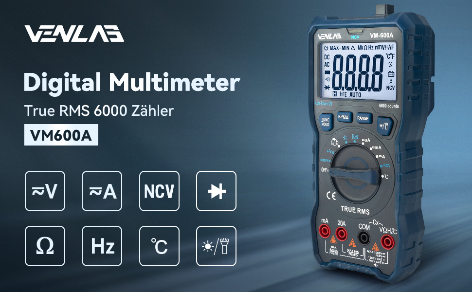 VENLAB VM600A Digital-Multimeter in Blau mit Messleitungen, Thermoelement und faltbarem Ständer – Detail 2