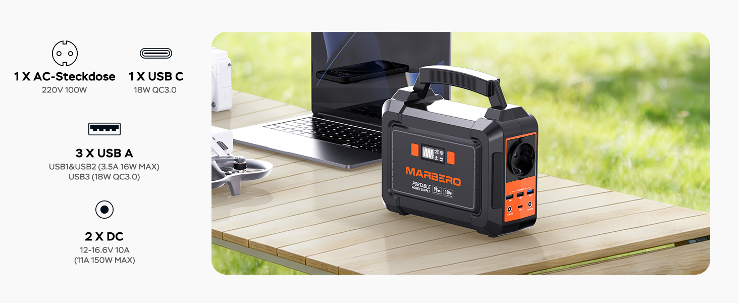 MARBERO Powerstation mit 98 Wh und faltbarem 30-Watt-Solarmodul im Set – Detail 6
