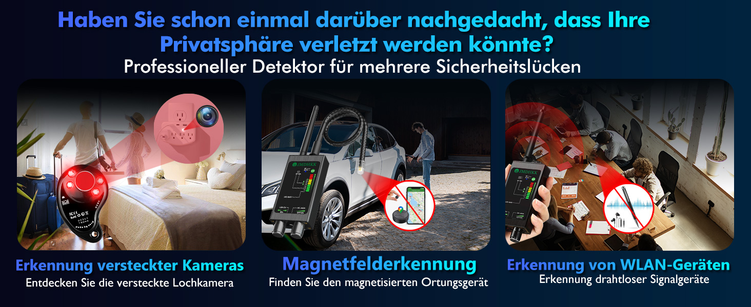 Der Detektor JMDHKK M8000 als schwarzes Handgerät mit montierter HF-Antenne. – Detail 4