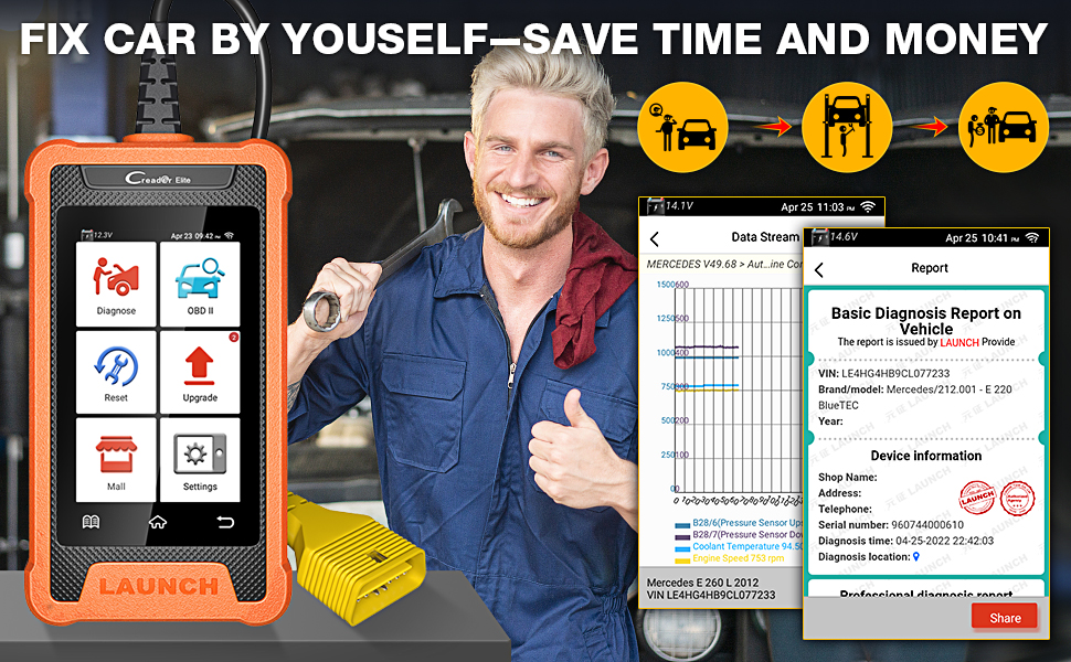 LAUNCH Creader Elite Diagnosegerät mit 4-Zoll-Touchscreen und angeschlossenem Diagnosekabel. – Detail 6