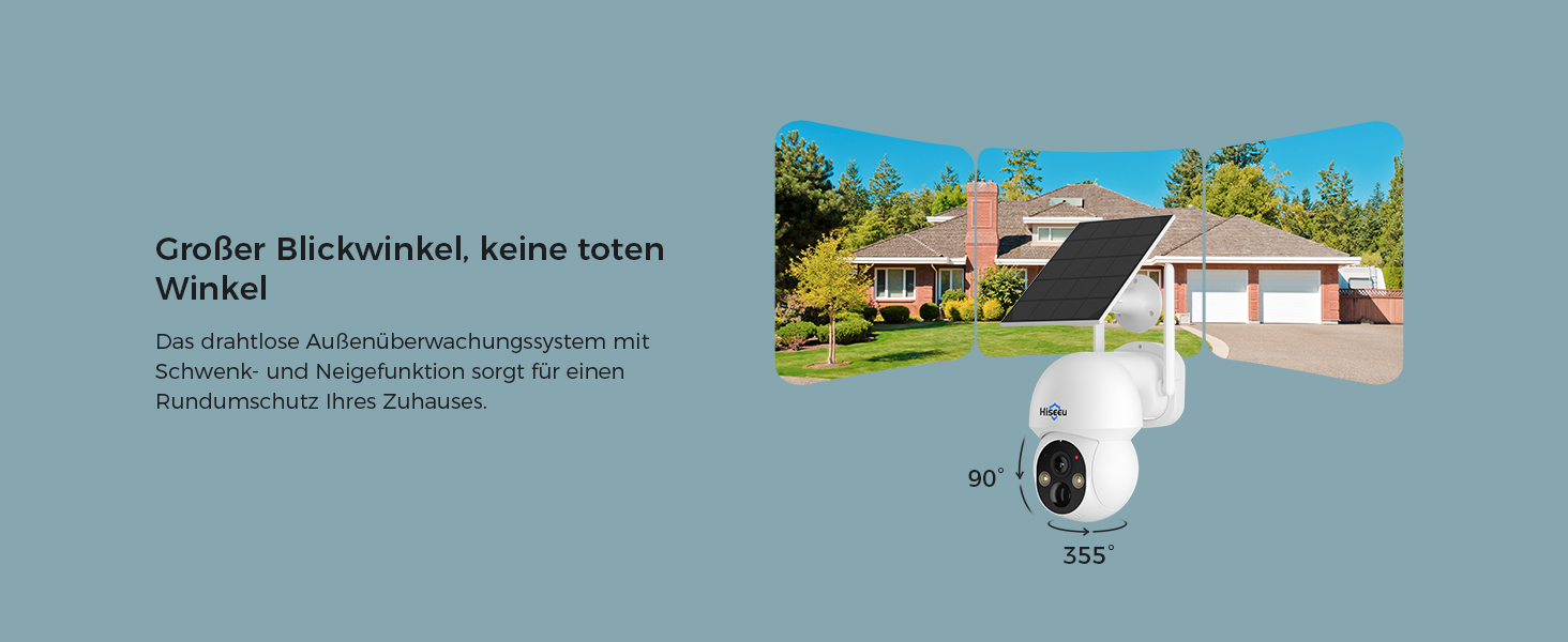 Hiseeu Solar-Kameraset: vier weisse Schwenkkameras mit aufgesetztem Solarpanel und der Funk-Rekorder mit Festplatte. – Detail 11