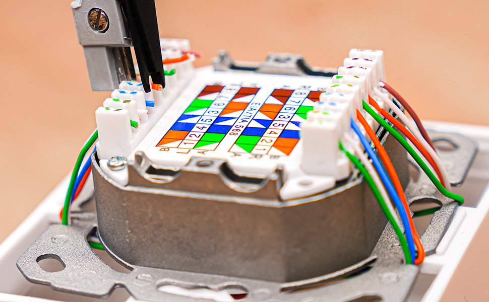 Geschirmte BIGtec Netzwerkdose CAT 6a in Signalweiss mit zwei RJ45-Buchsen, Schutzklappen und LSA-Anschluss. – Detail 3