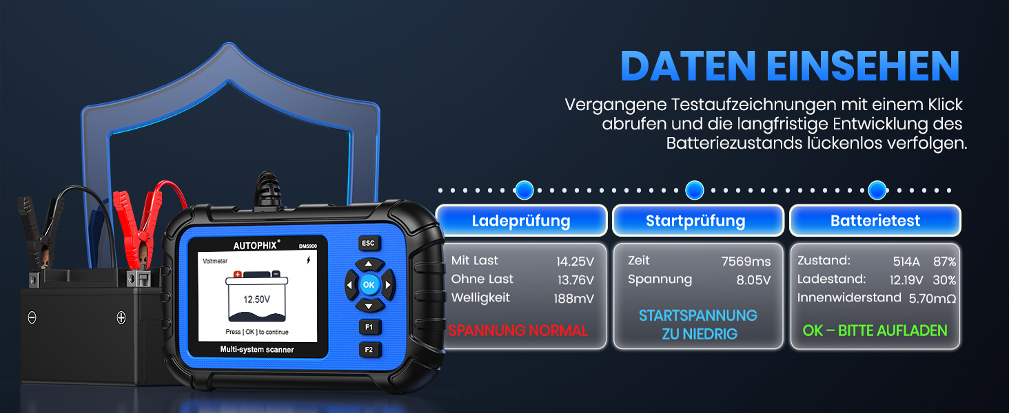 AUTOPHIX DM5900 OBD2-Diagnosegerät mit Batterietestklemmen und Farbdisplay – Detail 11