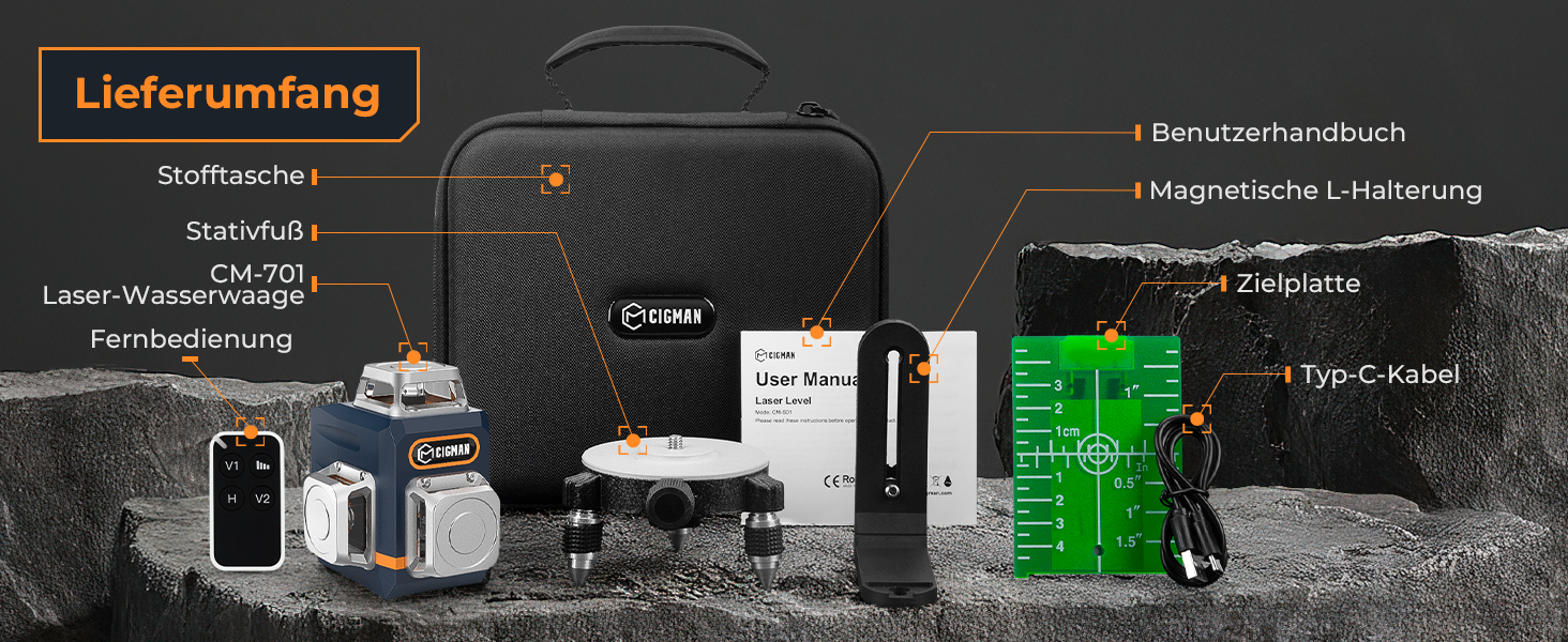 CIGMAN CM701 Kreuzlinienlaser mit drei grünen 360-Grad-Linien, Fernbedienung und Halterung – Detail 7