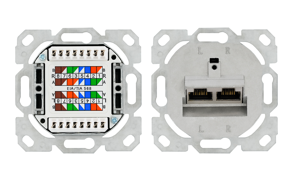 Geschirmte BIGtec Netzwerkdose CAT 6a in Signalweiss mit zwei RJ45-Buchsen, Schutzklappen und LSA-Anschluss. – Detail 4