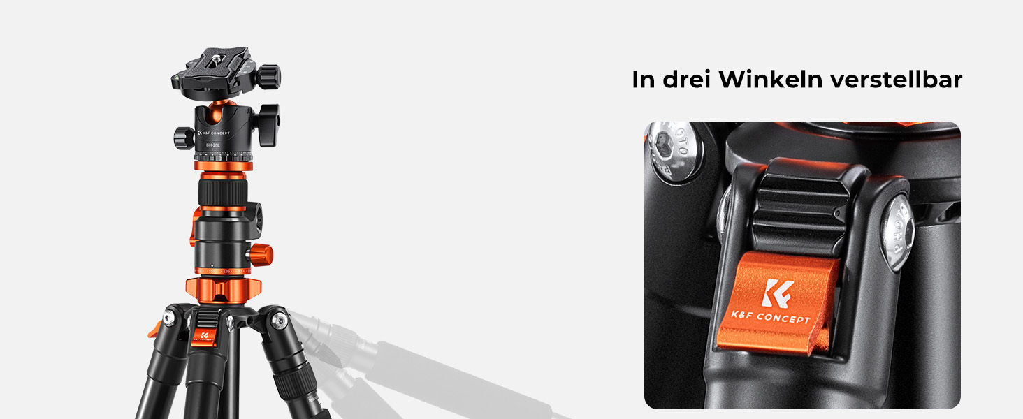 K&F Concept Dreibeinstativ aus Aluminium mit horizontal ausgeschwenkter Mittelsäule und Kugelkopf. – Detail 12
