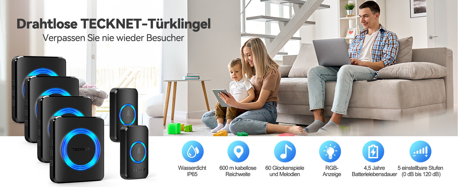 TECKNET Funk-Türklingel Set mit zwei Klingeltastern und vier Steckdosen-Empfängern – Detail 2