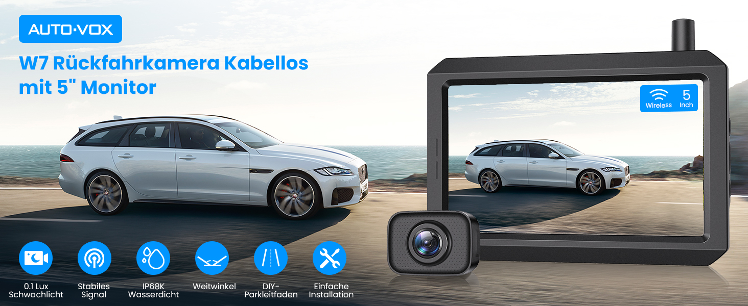 AUTO-VOX W7 Rückfahrkamera-Set mit 5-Zoll-Monitor und kabelloser Kamera für das Nummernschild – Detail 2