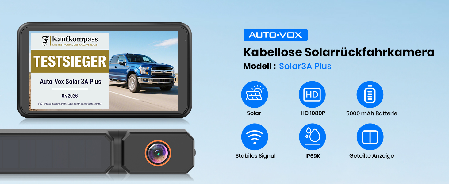 AUTO-VOX Solar3A Plus Funk-Rückfahrkamera mit Solarpanel und 5-Zoll-Monitor – Detail 2