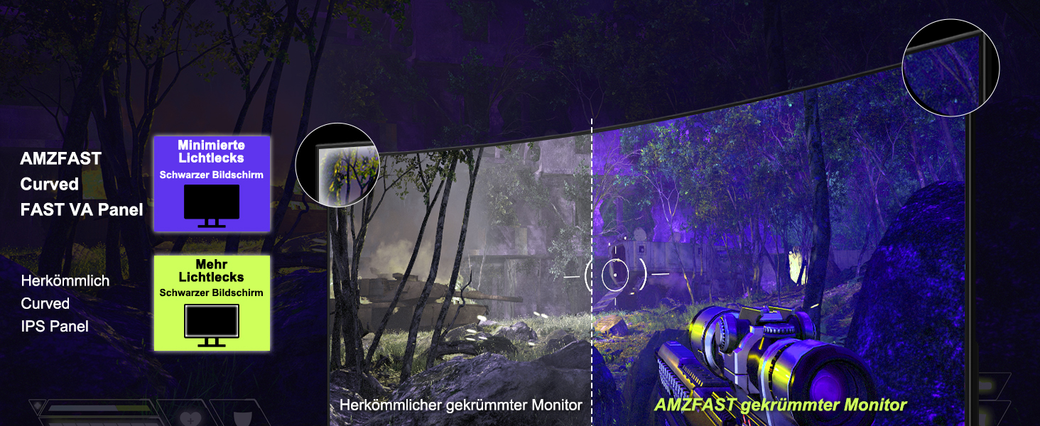 Amzfast AMZG27C1 Pro, gekrümmter 27-Zoll-Bildschirm mit 240 Hz, Frontansicht auf dem Standfuss – Detail 6