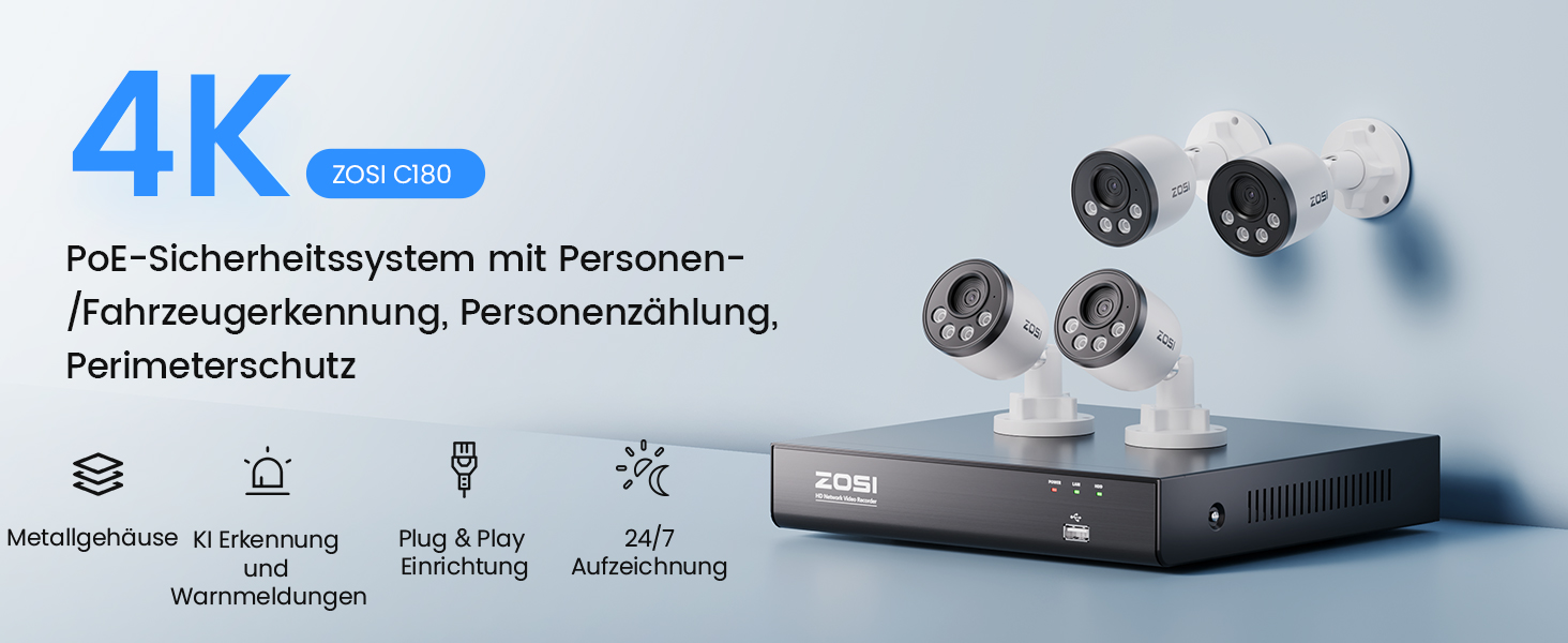 ZOSI C180 PoE Überwachungsset mit 8-Kanal-Netzwerkrekorder und vier Aussenkameras mit 8 Megapixel – Detail 2