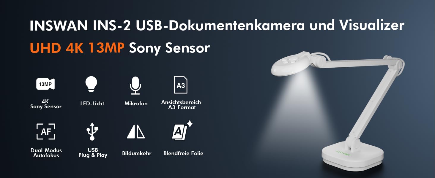INSWAN INS-2 Dokumentenkamera mit mehrgelenkigem Arm, LED-Licht und kompaktem Standfuss. – Detail 2