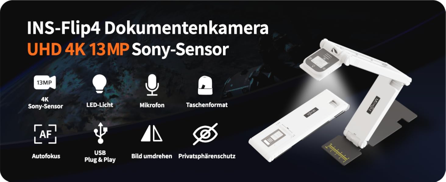 INSWAN INS-Flip 4 faltbare Dokumentenkamera mit Gelenkarm, LED-Licht und flacher Metallbasis. – Detail 2