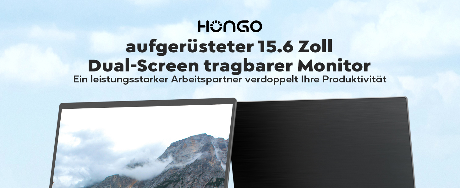 HONGO S156P30D: tragbarer 15,6-Zoll-Bildschirm in Graphitschwarz, aufgestellt in Frontansicht. – Detail 2