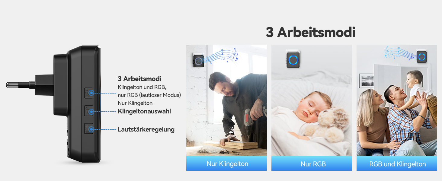 TECKNET Funk-Türklingel Set mit zwei Klingeltastern und vier Steckdosen-Empfängern – Detail 7