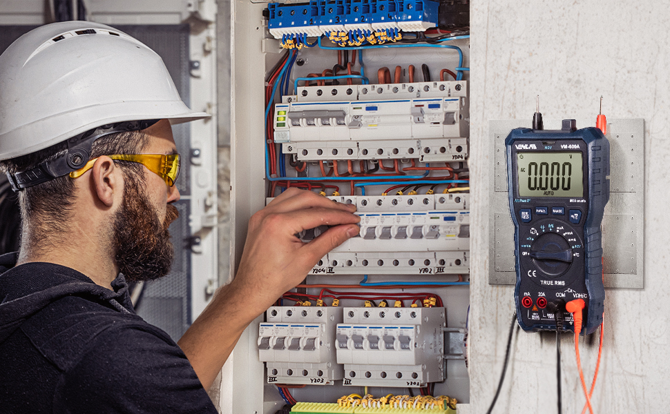 VENLAB VM600A Digital-Multimeter in Blau mit Messleitungen, Thermoelement und faltbarem Ständer – Detail 4