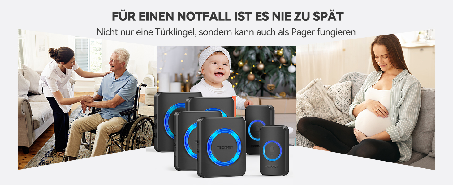 TECKNET Funk-Türklingel Set mit zwei Klingeltastern und vier Steckdosen-Empfängern – Detail 8