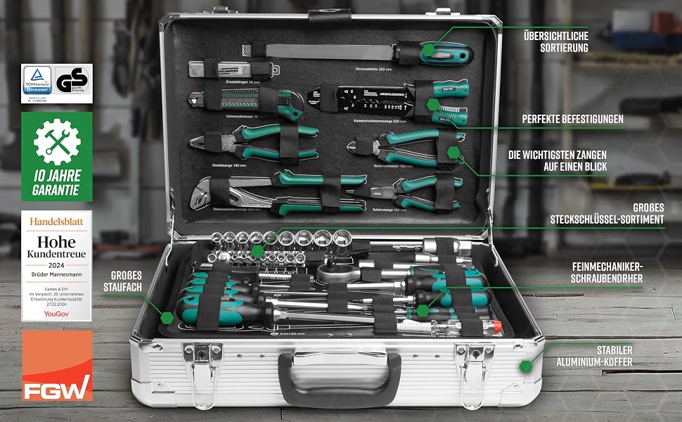 Brüder Mannesmann M29075 Alu-Werkzeugkoffer geöffnet mit 108 Handwerkzeugen in drei Lagen – Detail 2