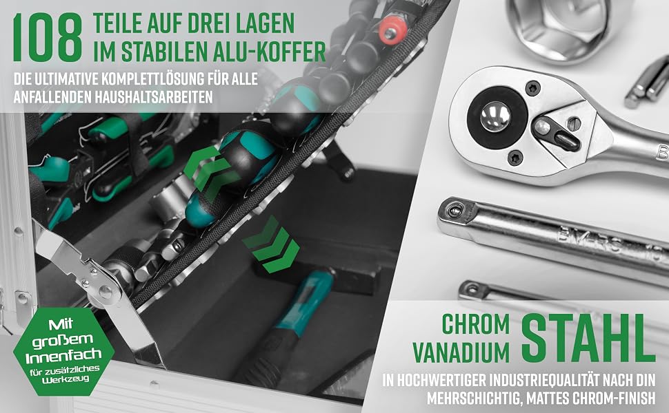 Brüder Mannesmann M29075 Alu-Werkzeugkoffer geöffnet mit 108 Handwerkzeugen in drei Lagen – Detail 3