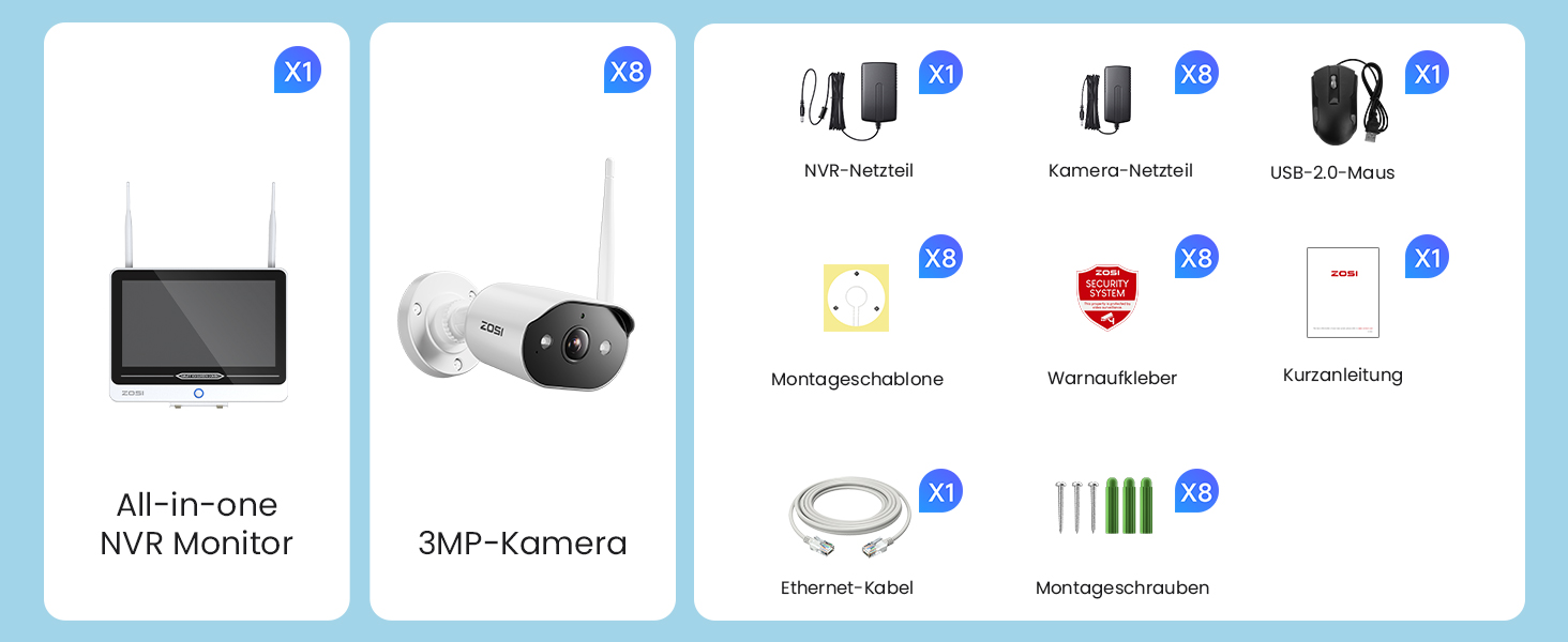 ZOSI C302 Kameraset: acht weisse Bullet-Kameras für aussen und der Rekorder mit 12-Zoll-Bildschirm. – Detail 16
