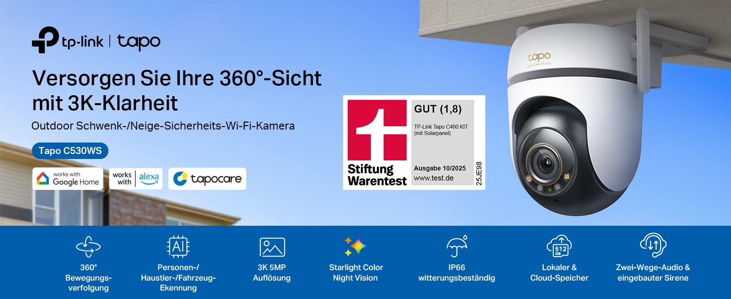 TP-Link Tapo C530WS Schwenk-Neige-Aussenkamera in Weiss mit zwei Antennen und Scheinwerfern – Detail 2